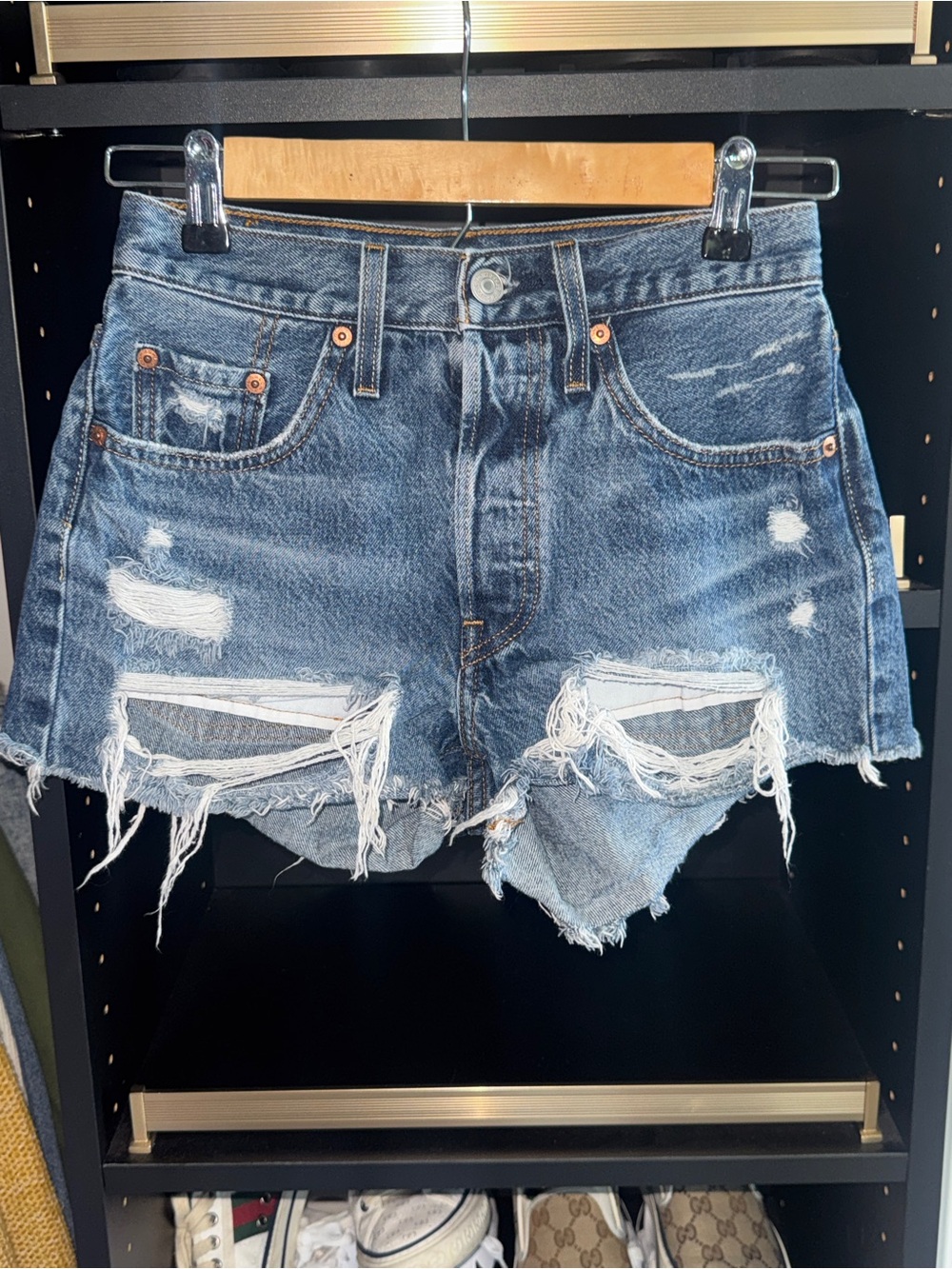 Levi's Distressed Dark Blue Cutoff Denim Shorts